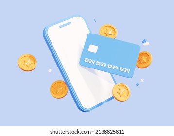 3D Phone With Credit Card And Coin. Online Payment Concept. Mobile Wallet Application. Banking App. Transfer Money Via Smartphone. Shopping With Wireless Pay. Creative Design Icon. 3D Rendering