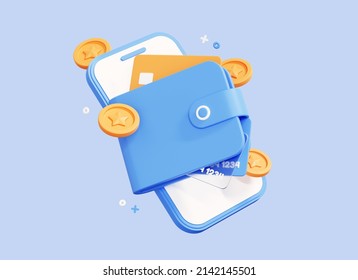 3D Phone With Mobile Banking App. Wallet With Credit Card And Coin. Money Saving Concept. Online Payment. Transfer Money Via Smartphone. Cartoon Design Icon Isolated On Blue Background. 3D Rendering