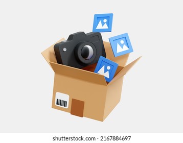 3D Photo camera with pictures in cardboard box. Print image with memory. Memo photography concept. Floating realistic elements. Cartoon creative design icon isolated on white background. 3D Rendering - Powered by Shutterstock