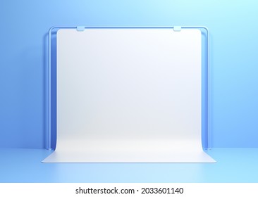 3d Photography Studio Background. Photo Studio White Blank Backdrop On Blue Wall. 3d Render Illustration