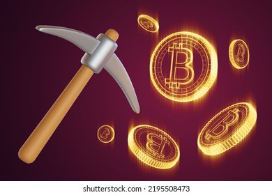 3d Pickaxe And Holographic Crypto Coins Rendering