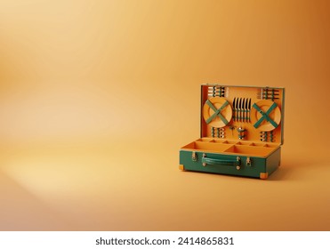 3D picnic basket on orange background. Spring concept Banner. Minimal 3D render with copy space.  - Powered by Shutterstock