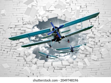 3d Picture Of An Airplane Flying Through A Hole In A Brick Wall For Digital Printing Wallpaper, Custom Design Wallpaper