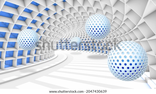 3d picture balls fly away into the tunnel perspective background for digital printing wallpaper, custom design wallpaper