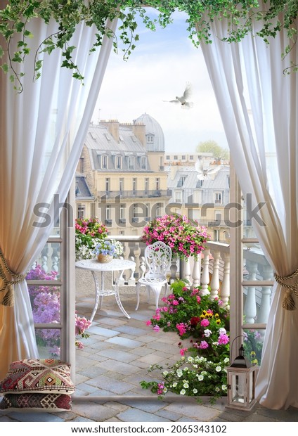 3d picture beautiful view of the balcony with doves and flowers fresco for digital printing wallpaper, custom design wallpaper