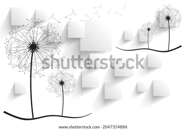 3d picture black dandelions on a white background with cubes for digital printing wallpaper, custom design wallpaper