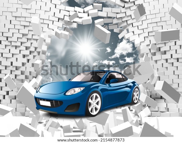3d picture of a blue car through a destroyed brick wall for digital printing wallpaper, custom design wallpaper