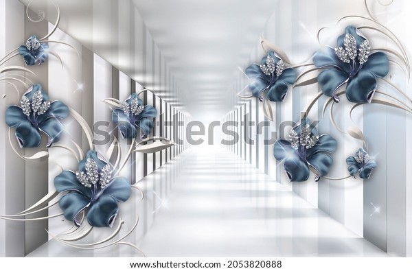 3d picture blue flowers in gray perspective for digital printing wallpaper, custom design wallpaper