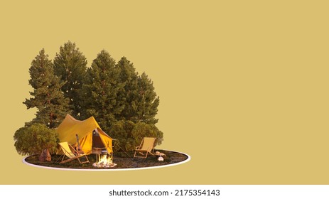 3D Picture  Camping, Campfire Tent In The Forest