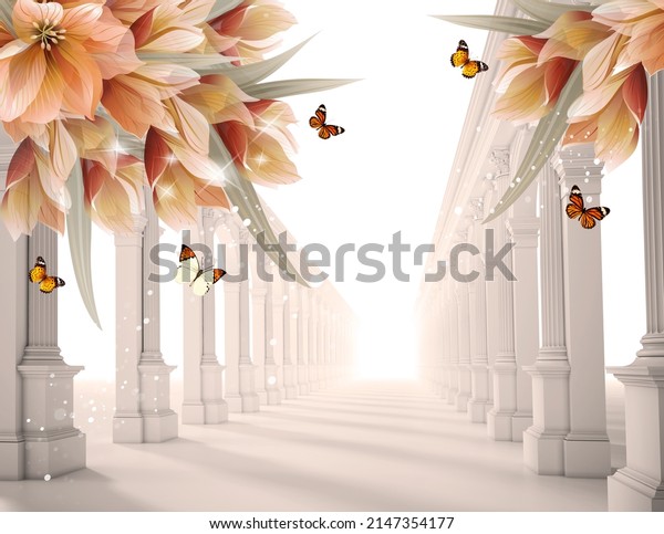 3d picture of a column with orange flowers and butterflies for digital printing wallpaper, custom design wallpaper