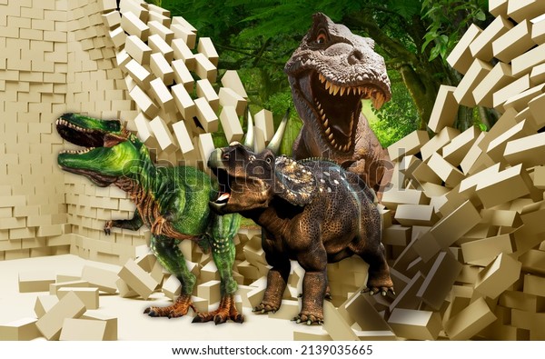 3d picture dinosaurs destroy the wall for digital printing wallpaper, custom design wallpaper