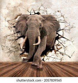 3d Picture Of An Elephant Through A Broken Wall For Digital Printing Wallpaper, Custom Design Wallpaper