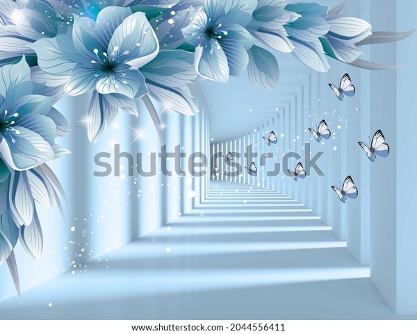 3d picture of flowers and butterflies on a blue background for digital printing wallpaper, custom design wallpaper