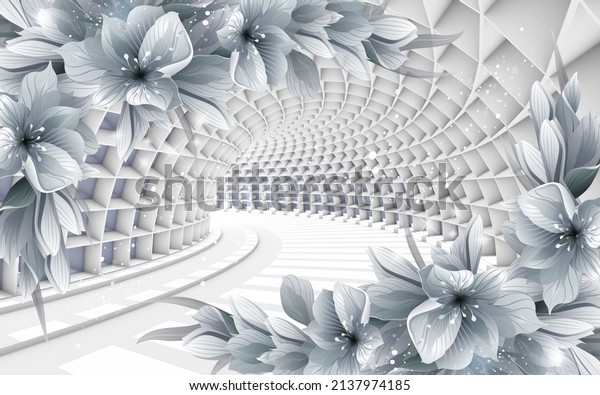 3d picture of flowers in the perspective of a gray tunnel for digital printing wallpaper, custom design wallpaper