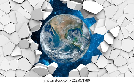 3d Picture Of The Globe In A Destroyed Wall For Digital Printing Wallpaper, Custom Design Wallpaper