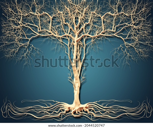 3d picture of a golden tree on a blue for digital printing wallpaper, custom design wallpaper