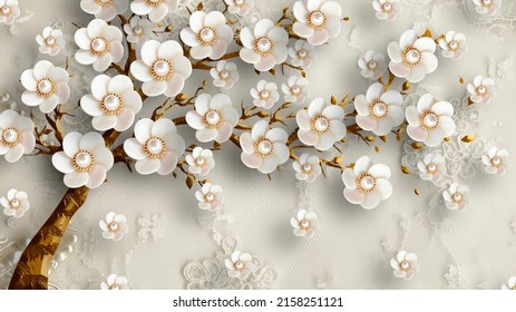 
3d picture of a golden tree with white flower beautiful design background