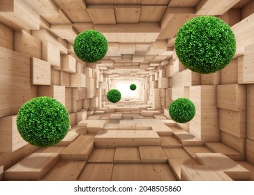 3d picture green balls of grass on a wooden background for digital printing wallpaper, custom design wallpaper