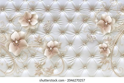 3d Picture Of Jewelry Flowers On A Beige Background For Digital Printing Wallpaper, Custom Design Wallpaper