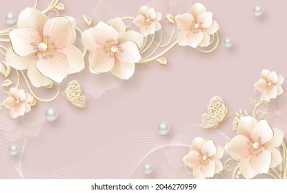 3d Picture Of Jewelry Flowers On A Pink Background For Digital Printing Wallpaper, Custom Design Wallpaper