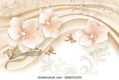 3d Picture Of Jewelry Flowers On The Background For Digital Printing Wallpaper, Custom Design Wallpaper