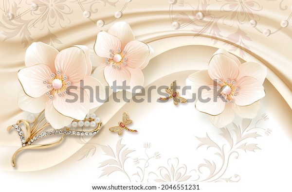 3d picture of jewelry flowers on the background for digital printing wallpaper, custom design wallpaper