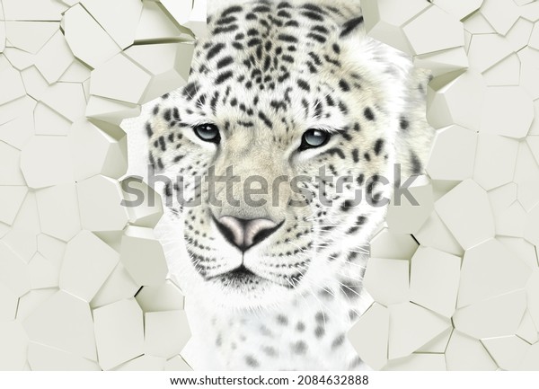 3d picture of a leopard in a stone wall for digital printing wallpaper, custom design wallpaper