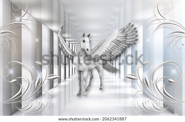 3d picture of a pegasus with wings in a colonnade for digital printing wallpaper, custom design wallpaper
