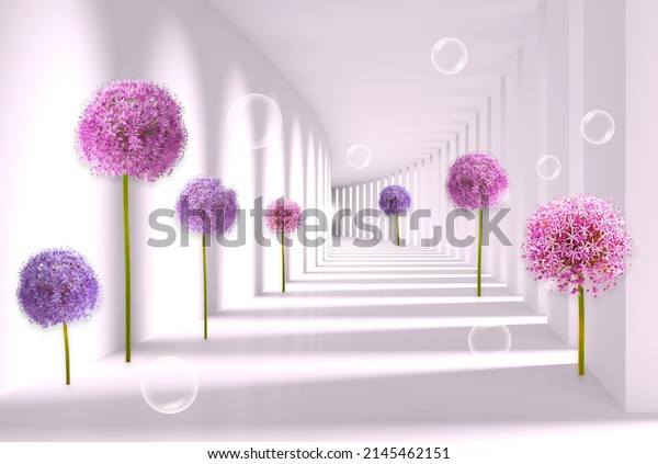 3d picture of pink flowers on a gray background of a tunnel with bubbles for digital printing wallpaper, custom design wallpaper