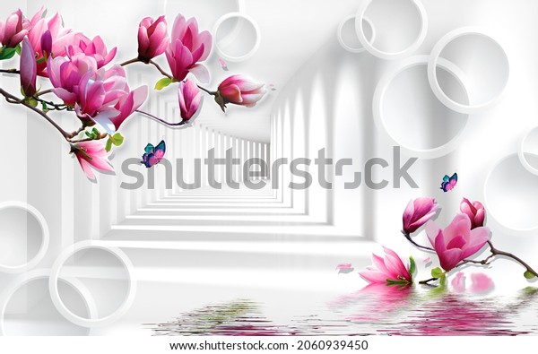 3d picture pink orchid flowers in the tunnel perspective  for digital printing wallpaper, custom design wallpaper