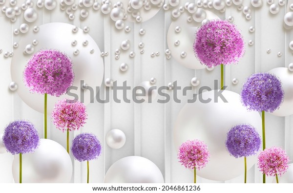 3d picture pink and purple dandelions on a white background for digital printing wallpaper, custom design wallpaper.