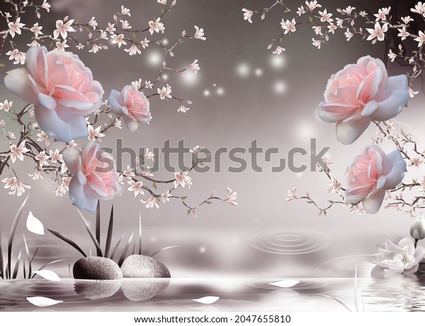 3d picture of pink roses on a brown background for digital printing wallpaper, custom design wallpaper
