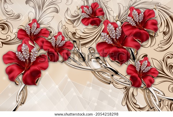 3d picture red flowers on a brown background for digital printing wallpaper, custom design wallpaper.