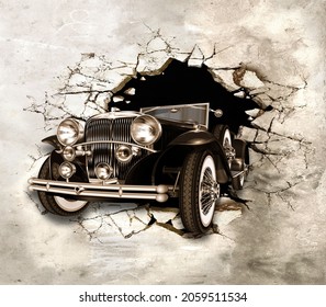 3d Picture Retro Car Breaks The Wall For Digital Printing Wallpaper, Custom Design Wallpaper