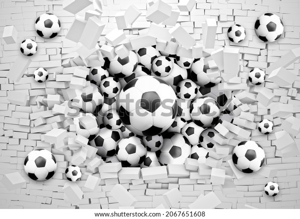 3d picture soccer balls flying out of a brick wall for digital printing wallpaper, custom design wallpaper