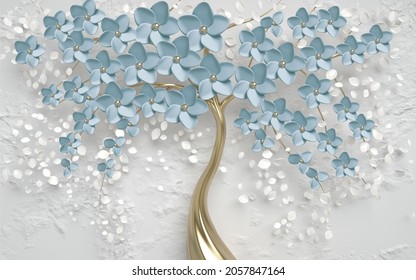 3d picture  tree with blue flowers wallpaper