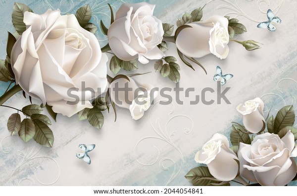 3d picture Wallpaper Background of a bouquet of white roses with butterflies for digital printing wallpaper, custom design wallpaper