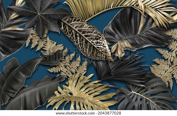 3d picture Wallpaper Background of golden leaves on a blue background for digital printing wallpaper, custom design wallpaper 