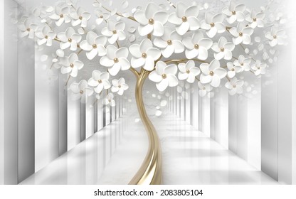 3d Picture White Sakura Tree In The Tunnel Perspective For Digital Printing Wallpaper, Custom Design Wallpaper