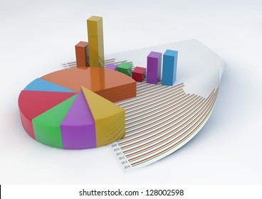 3d Pie Chart and Bars with a statistic document paper isolated on white background