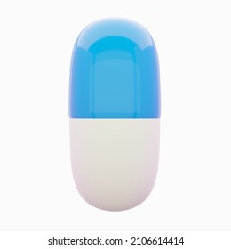 3d Pill Icon. Render Illustration Of Blue Color Medicine Capsule Isolated On The White Background. Medical Cure, Antibiotic In Cute Cartoon Style.