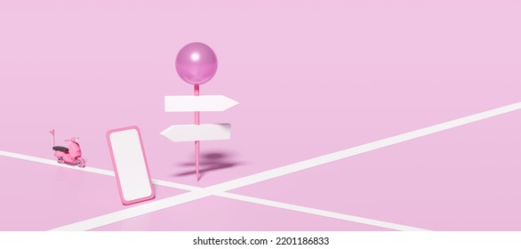 3d Pin On The Road With Delivery Scooter, Smartphone, Mobile Phone, Signboard, Signpost, Space Isolated On Pink. Phone Template, Cellphone Mockup, Express Service Concept, 3d Render Clipping Path  