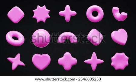 3D Pink Bubble set in Y2K style isolated on a black background. Trendy collection of abstract shapes figures with cute pastel effect. 2000s aesthetic. 90s blown up letters. y2k background. 