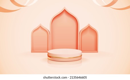 3d Pink Fashion Product Display Background For Muslim Holiday. Round Podium With Islamic Door Frame And Ribbons.