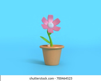 3d Pink Flower Cartoon Style Flower Pot Minimal Abstract Blue Background 3d Rendering