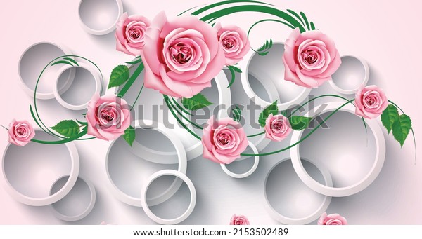 3D Pink Flower Wallpaper design.White Circles 