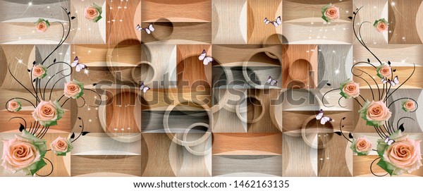 3d Pink flowers on wooden background, 3d rendering.