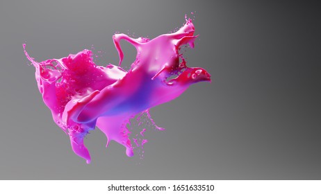 3d pink fluid liquid paint splash frozen in time against gray background, 3d illustration