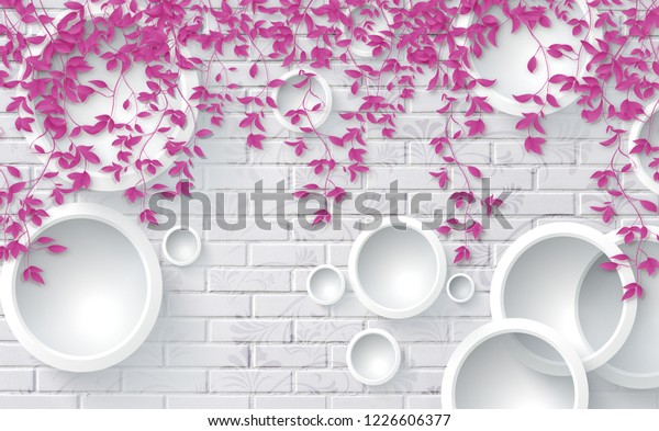 3d leaves of pink mural wallpaper on white brick background. 