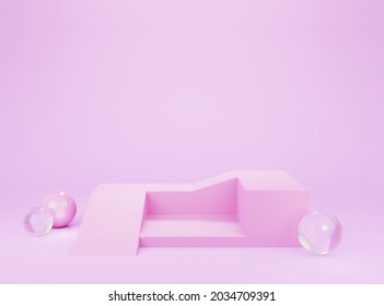 3d pink minimal scene background with U shaped stairway stage and glass marbles. Suitable for fashion product display.